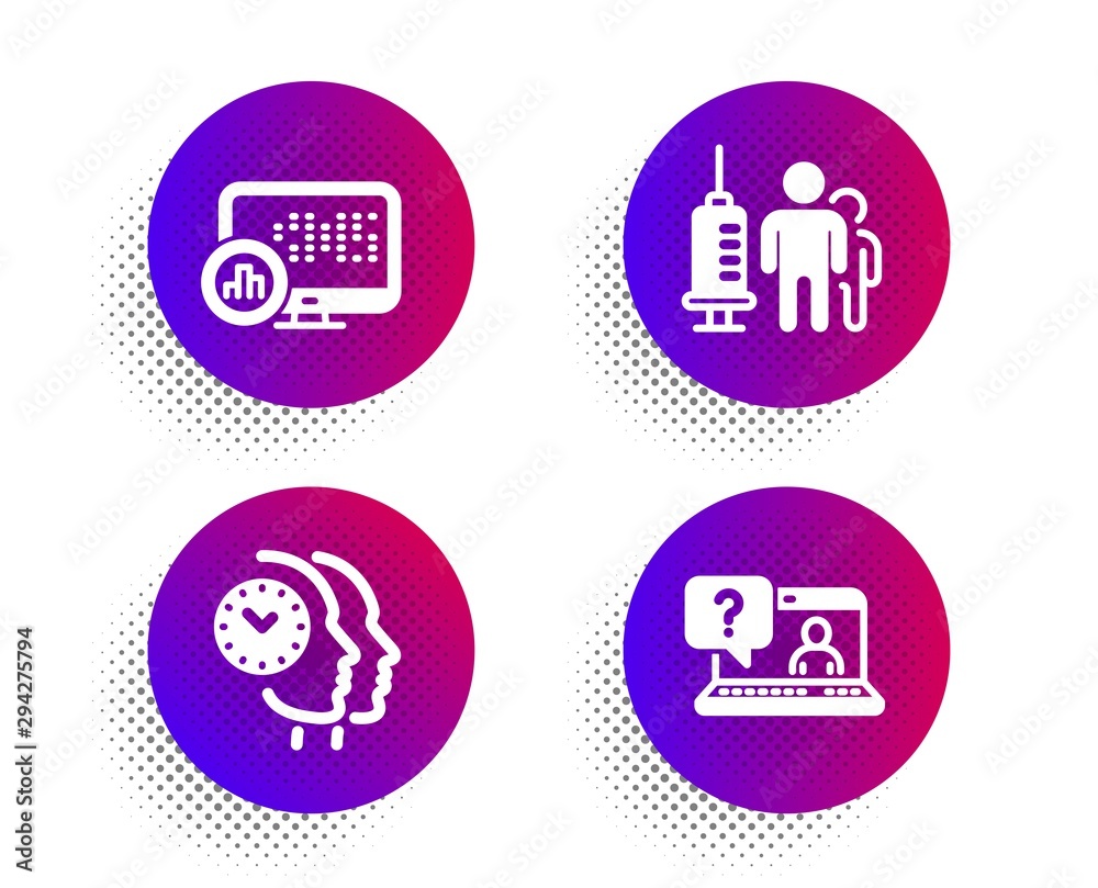 Medical vaccination, Time management and Report statistics icons simple set. Halftone dots button. Faq sign. Syringe vaccine, Teamwork clock, Graph chart. Web support. Science set. Vector