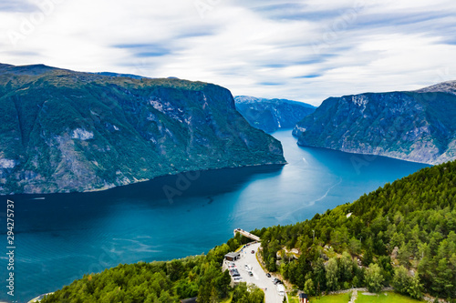 Aerial view of Stegastein Viewpoint.Experience the spectacular viewing platform, 650 meters above Aurlands fjord.
