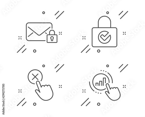 Password encryption, Reject click and Secure mail line icons set. Graph chart sign. Protection locker, Delete button, Private e-mail. Get report. Technology set. Vector