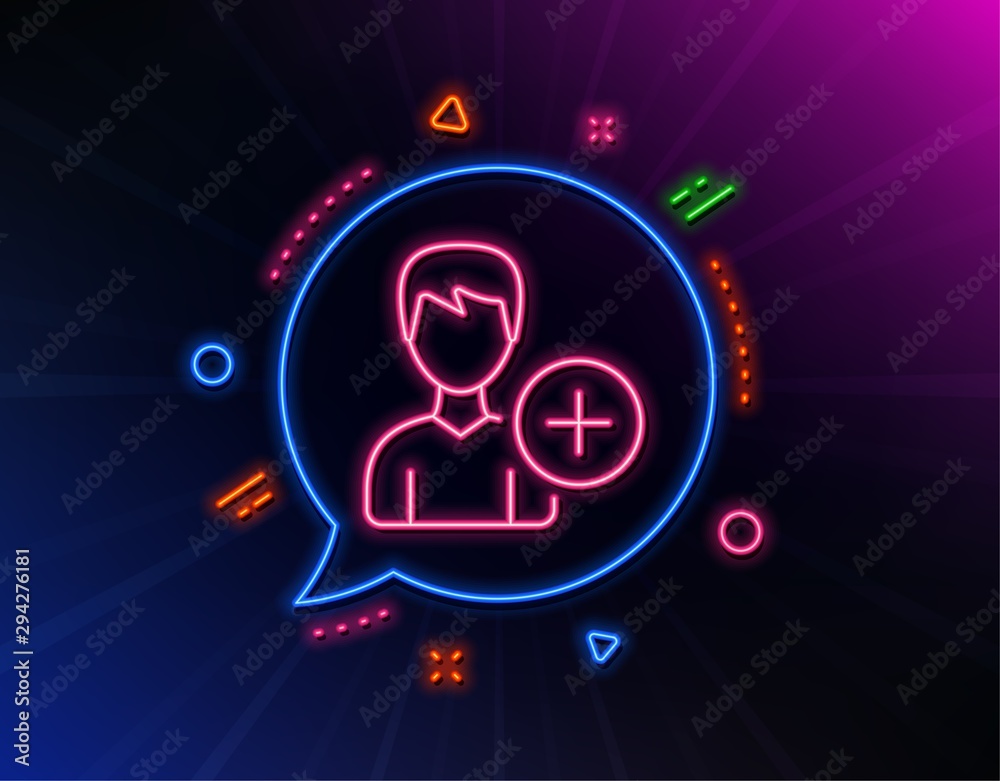 Add User line icon. Neon laser lights. Profile Avatar sign. Male Person silhouette symbol. Glow laser speech bubble. Neon lights chat bubble. Banner badge with add Person icon. Vector Add User line icon. Neon laser lights. Profile Avatar sign. Male Person silhouette symbol. Glow laser speech bubble. Neon lights chat bubble. Banner badge with add Person icon. Vector