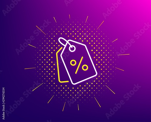 Shopping tags line icon. Halftone pattern. Special offer sign. Discount coupons symbol. Gradient background. Discount tags line icon. Yellow halftone pattern. Vector