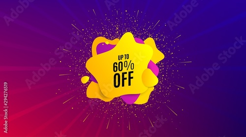 Up to 60% off Sale. Dynamic text shape. Discount offer price sign. Special offer symbol. Save 60 percentages. Geometric vector banner. Discount tag text. Gradient shape badge. Vector