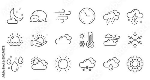 Weather and forecast line icons. Cloudy sky  winter snowflake  thermometer. Moon night  rain and sunset icons. Weather temperature  meteorology forecast. Linear set. Quality line set. Vector
