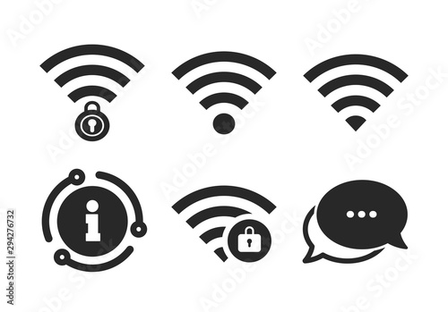 Wi-fi zone locked symbols. Chat, info sign. Wifi Wireless Network icons. Password protected Wi-fi sign. Classic style speech bubble icon. Vector