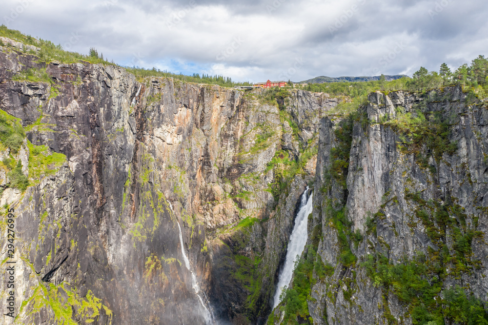 Aerial view of Voringsfossen Waterfall. Hordaland, Norway.