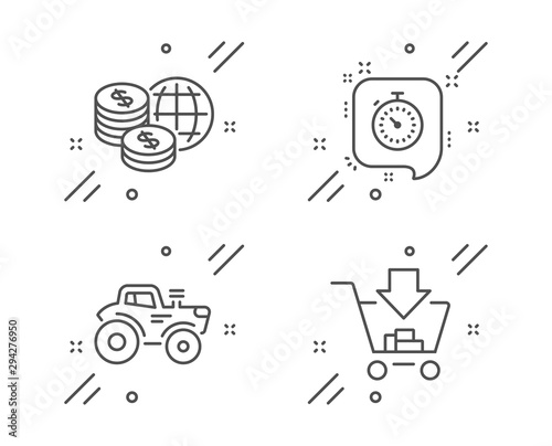 Tractor, Timer and World money line icons set. Shopping sign. Farm transport, Time management, Global markets. Add to cart. Business set. Line tractor outline icon. Vector