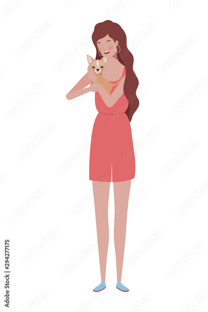 young woman lifting cute dog mascot characters young woman lifting cute dog mascot characters