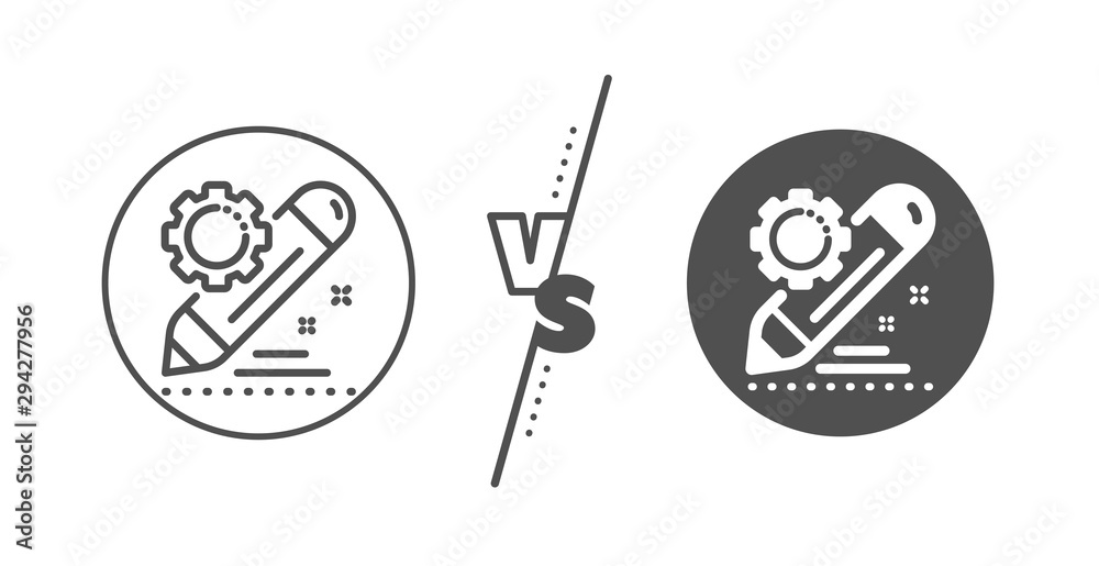 Settings management sign. Versus concept. Project edit line icon. Pencil symbol. Line vs classic project edit icon. Vector
