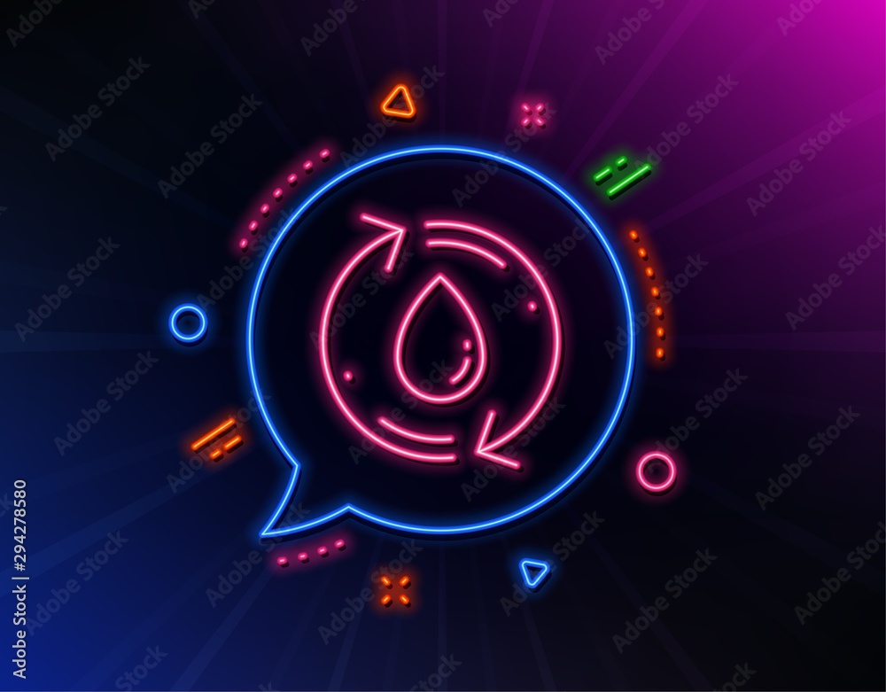 Water drop line icon. Neon laser lights. Recycle clean aqua sign. Refill liquid symbol. Glow laser speech bubble. Neon lights chat bubble. Banner badge with refill water icon. Vector