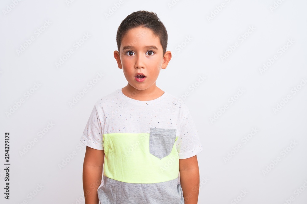 Beautiful kid boy wearing casual t-shirt standing over isolated white background afraid and shocked with surprise expression, fear and excited face.