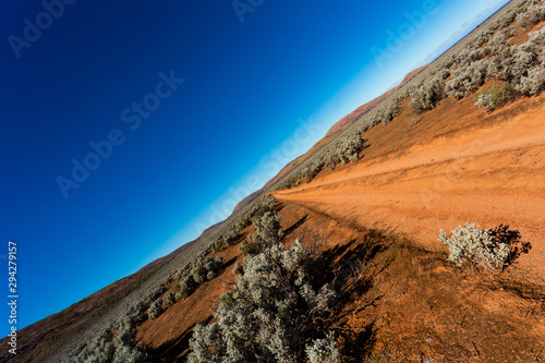 Deliberately altered horizon to accentuate diminishing perspective.  Dirt track through Pearl Bluebush Plains under a blue sky in outback Australia photo