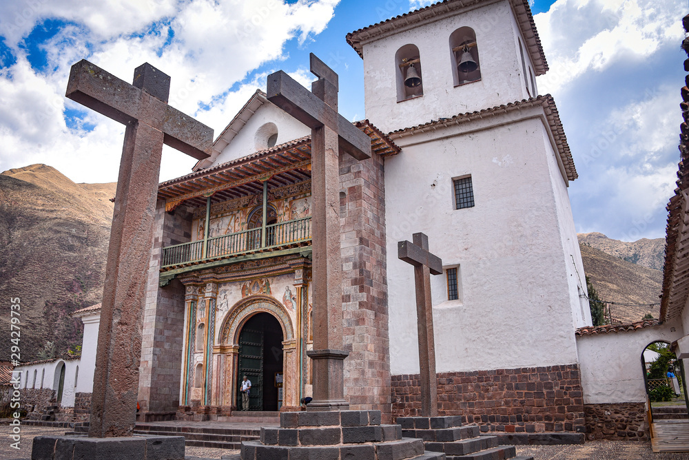 Exterior facade of the Barroque-style church of Andahuaylillas, near Cusco, Peru