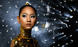 Fashion Young Asian Woman eyes brown black wrapped hair beautiful make up fashion decorate with Golden Foil or Gold leaf all over neck and shoulder. Studio Lighting dark Background star holes smoke