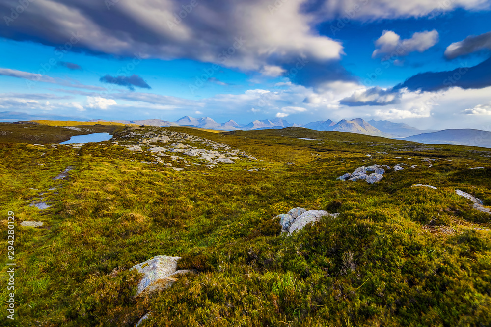 Beautiful scenic landscape of Scotland nature with beautiful evening sun set sky.