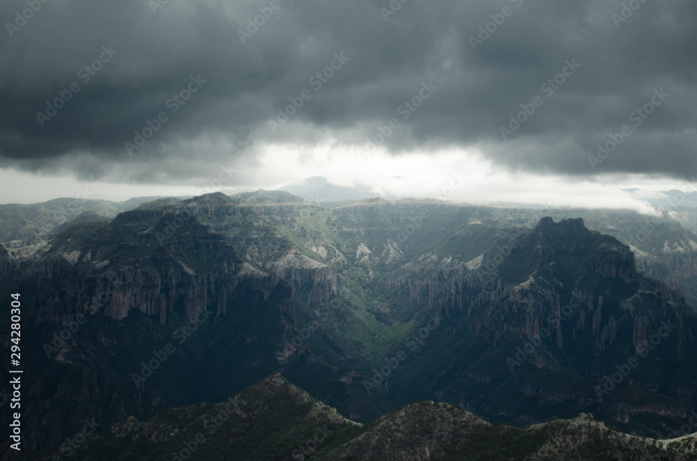 The storm is coming, beautiful cloudy landscape. Mexican landscape in Barrancas del Cobre, Chihuahua, Mexico