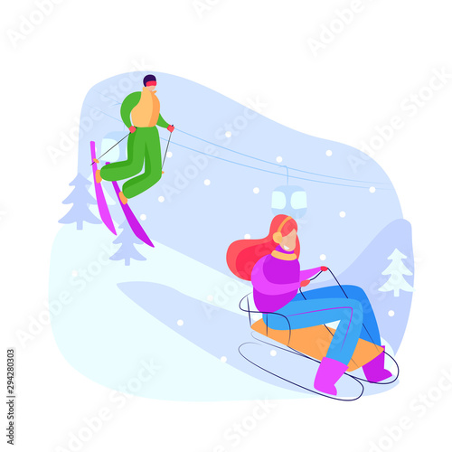 Tourists sledging and skiing downhill