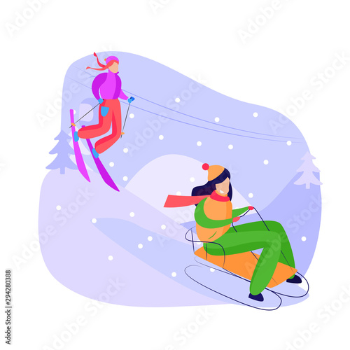 Women sledging and skiing downhill