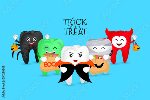 Cartoon spooky tooth with candies. Trick or treat, Halloween concept. Illustration isolated on blue background.