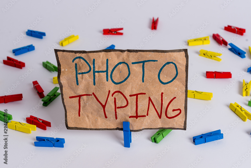Word writing text Photo Typing. Business photo showcasing metal printing block use to reproduce a photograph in printing Colored clothespin papers empty reminder white floor background office Word writing text Photo Typing. Business photo showcasing metal printing block use to reproduce a photograph in printing Colored clothespin papers empty reminder white floor background office