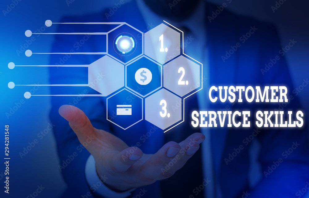 Writing note showing Customer Service Skills. Business concept for Aptitude to master to improve dealings with client Male wear formal suit presenting presentation smart device Writing note showing Customer Service Skills. Business concept for Aptitude to master to improve dealings with client Male wear formal suit presenting presentation smart device