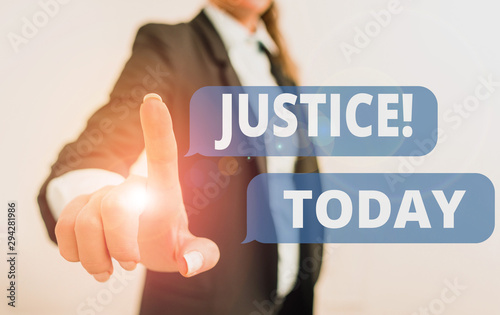 Text sign showing Justice. Business photo text impartial adjustment of conflicting claims or assignments Digital business in black suite concept with business woman