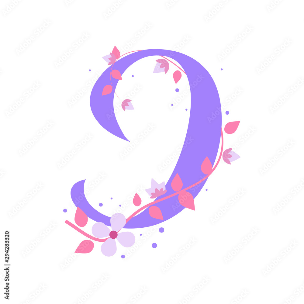 Violet I letter with flowers, alphabet illustration on white