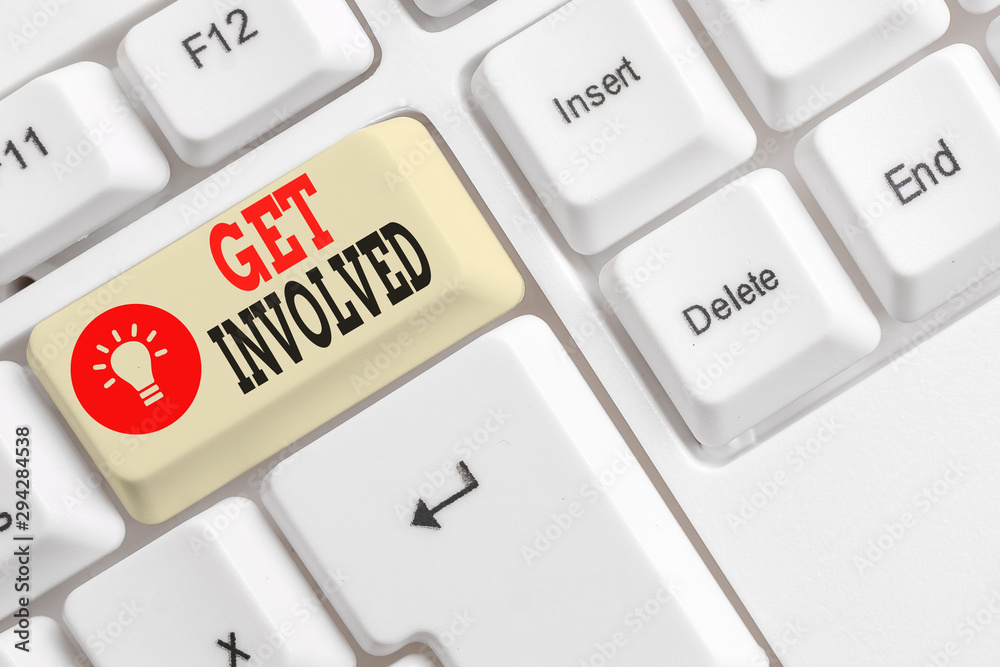 Word writing text Get Involved. Business photo showcasing Take part in an activity or event To establish an association White pc keyboard with empty note paper above white background key copy space Word writing text Get Involved. Business photo showcasing Take part in an activity or event To establish an association White pc keyboard with empty note paper above white background key copy space