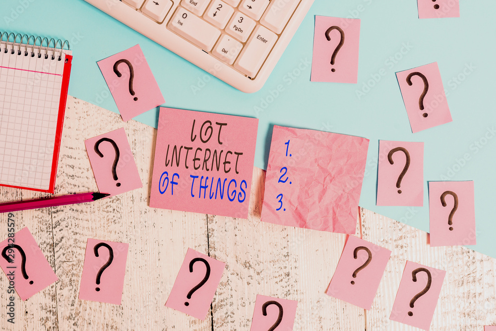 Handwriting text Iot Internet Of Things. Conceptual photo Network of Physical Devices send and receive Data Writing tools, computer stuff and math book sheet on top of wooden table