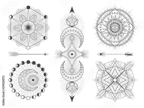 Vector set of Sacred geometric symbols and figures on white background. Abstract mystic signs collection. Black linear shapes.
