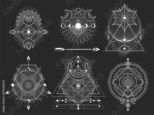 Vector set of Sacred geometric symbols and figures on black background. Abstract mystic signs collection.