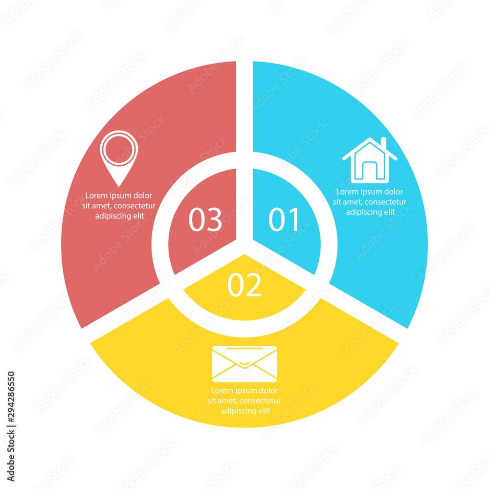 Circle infographic template with 3 options for presentations or charts. Business concept round diagram. Vector illustration.