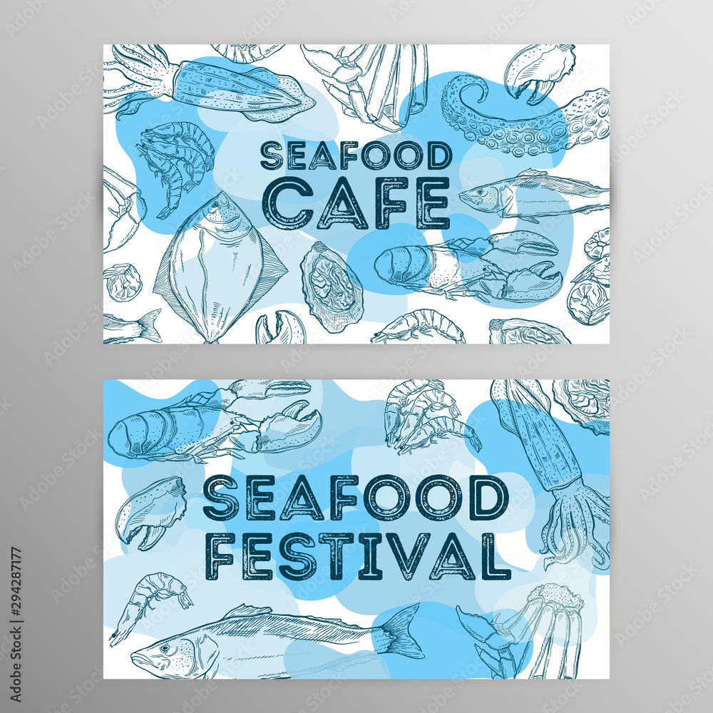 Deasign set seafood cafe. Restaurant brochure,flyer.Hand drawn graphic.