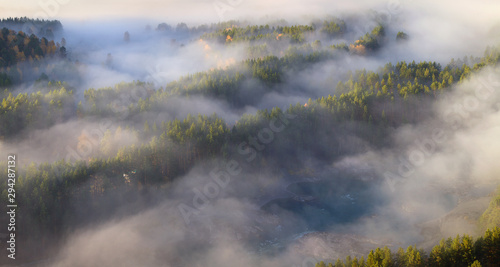 Fog in the forest, view from above, panorama nature