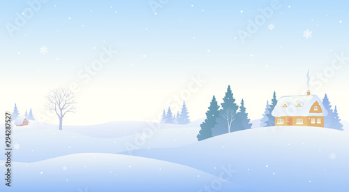 Winter morning village, panoramic background