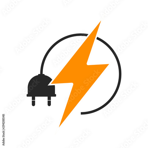 Electric plug with cable or wire and lightening bolt sign icon. Flat style isolated on white background. 
