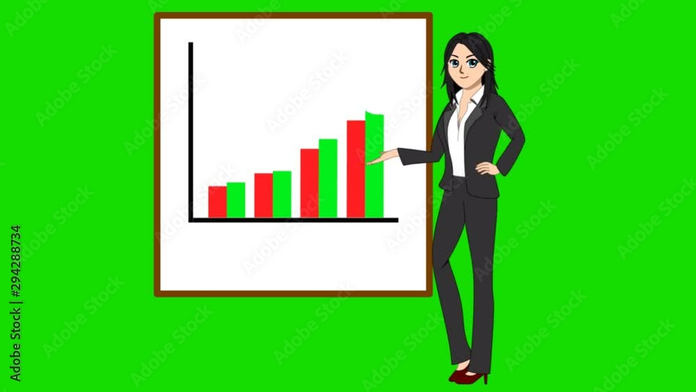 Animation business women are presenting a graph showing success. With a green screen. Animation business women are presenting a graph showing success. With a green screen.