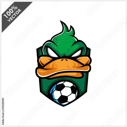Vector sport logo, duck head illustration and football soccer on the shield background. Logo for sport club or team. Vector illustration	