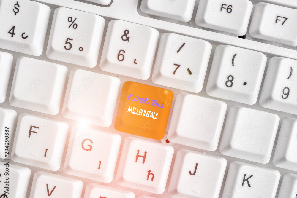 Text sign showing Boomers Gen X Millennials. Business photo showcasing generally considered to be about thirty years White pc keyboard with empty note paper above white background key copy space