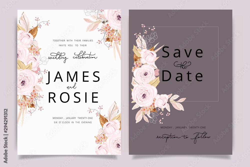 Fototapeta Autumn and fall Flower Wedding Invitation set, floral invite thank you, rsvp modern card Design in pink brown floral with leaf greenery branches decorative Vector elegant rustic template