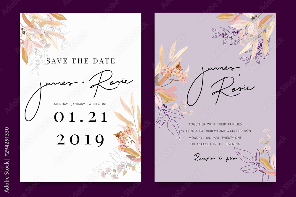 Autumn and fall Flower Wedding Invitation set, floral invite thank you, rsvp modern card Design in pink brown  floral with leaf greenery  branches decorative Vector elegant rustic template