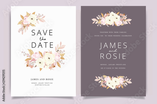 Autumn and fall Flower Wedding Invitation set, floral invite thank you, rsvp modern card Design in pink brown  floral with leaf greenery  branches decorative Vector elegant rustic template