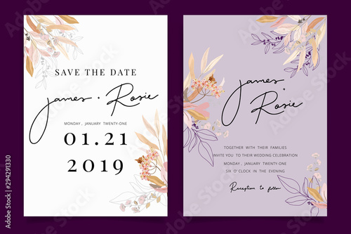 Autumn and fall Flower Wedding Invitation set, floral invite thank you, rsvp modern card Design in pink brown  floral with leaf greenery  branches decorative Vector elegant rustic template
