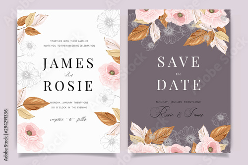 Autumn and fall Flower Wedding Invitation set, floral invite thank you, rsvp modern card Design in pink brown  floral with leaf greenery  branches decorative Vector elegant rustic template