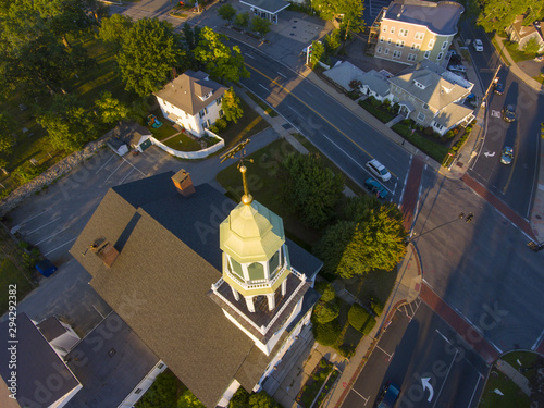 Old South United Methodist Church aerial view at sunset in historic town center, Reading, Massachusetts, MA, USA.