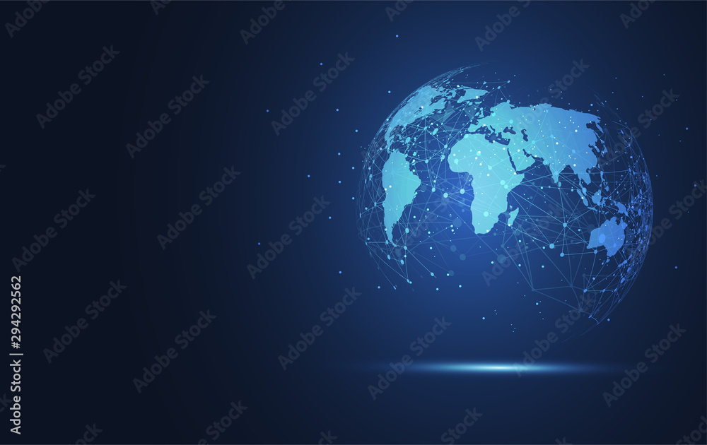 Obraz premium Globalne połączenie sieciowe. Koncepcja punktu i linii mapy świata globalnego biznesu. Ilustracji wektorowych