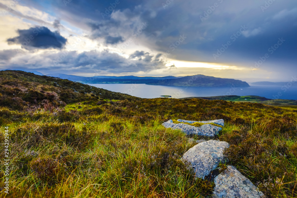 Beautiful scenic landscape of Scotland nature with beautiful evening sun set sky.