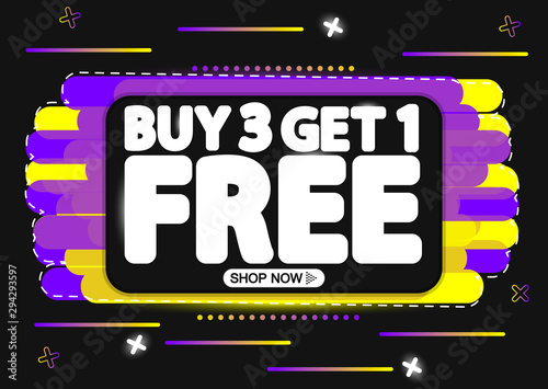 Buy 3 Get 1 Free, Sale banner design template, discount tag, app icon, vector illustration