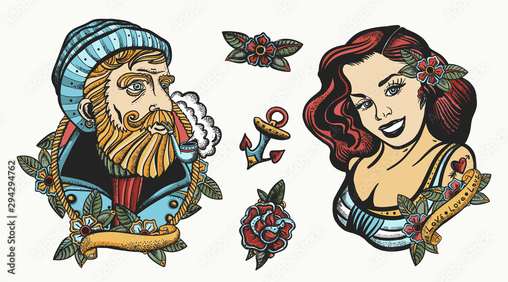 Sea adventure collection. Old school tattoo. Sea wolf captain and sailor  girl. Marine elements. Traditional tattooing style Stock Vector | Adobe  Stock