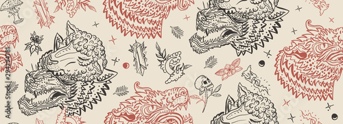 Wolf head seamless pattern. Old school tattoo art. Werewolf in sheep clothing. Aggressive wolves traditional tattooing background. Magic fairy tale style