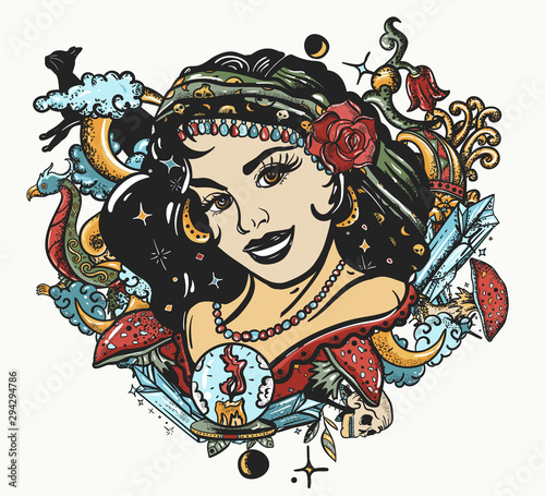 Witch woman portrait. Gypsy fortune teller with crystal ball.  Dark fairy tale art. Old school tattoo style